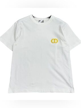 Dior Icon White Short-Sleeve Crewneck T-Shirt with Yellow stiched logo Emblem